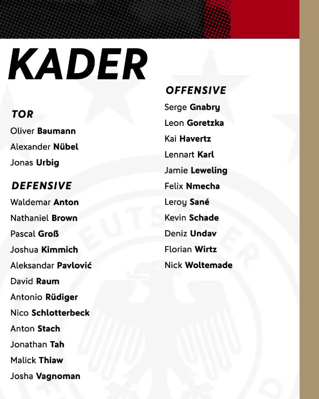 德国队名单：维尔茨基米希领衔 哈弗茨、沃尔特马德包括在内